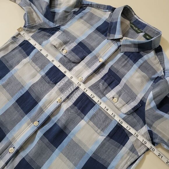 Eddie Bauer Women's Blue Plaid Cotton Rayon Button-Down Elbow-length Sleeve - Picture 3 of 13
